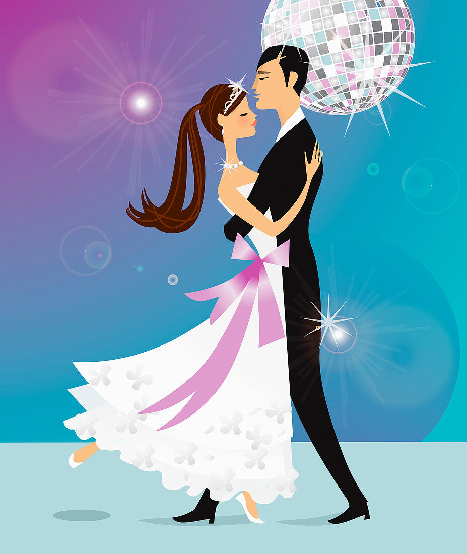 Bride and groom dancing under disco ball, illustration