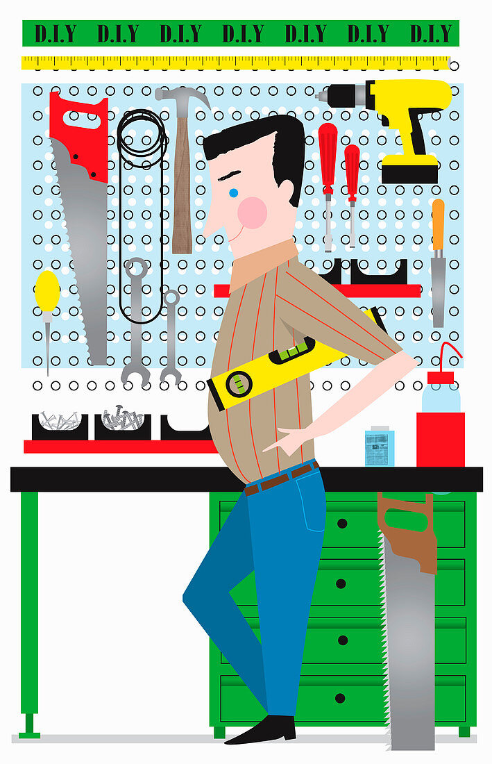 DIY handyman with tools at workbench, illustration