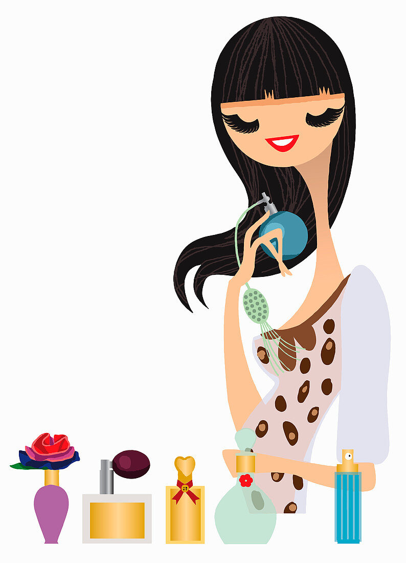 Woman trying on perfume, illustration