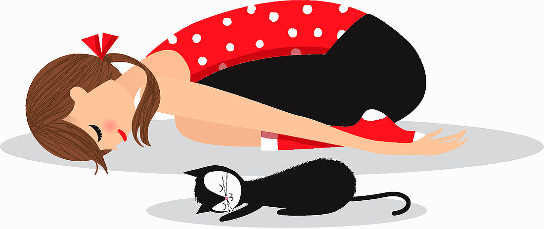 Woman and cat relaxing in yoga child's pose, illustration