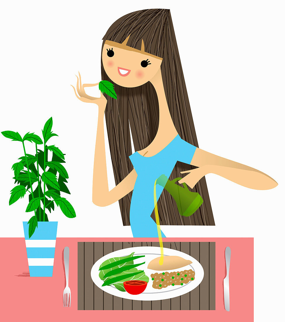 Woman smelling fresh herb with healthy meal, illustration