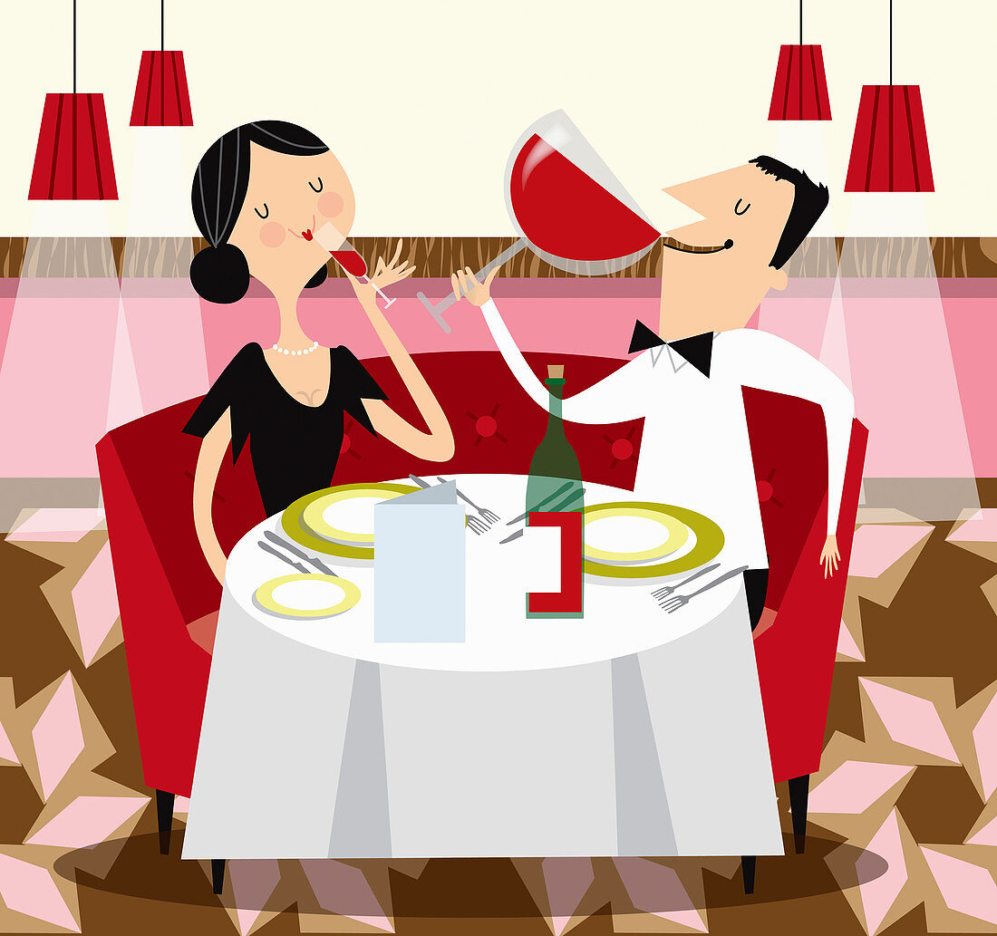 Man and woman drinking wine, illustration