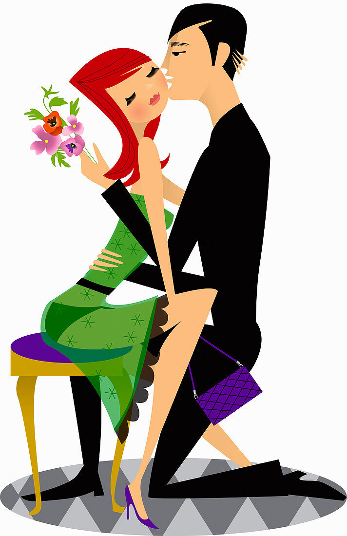 Man with flowers kissing woman, illustration