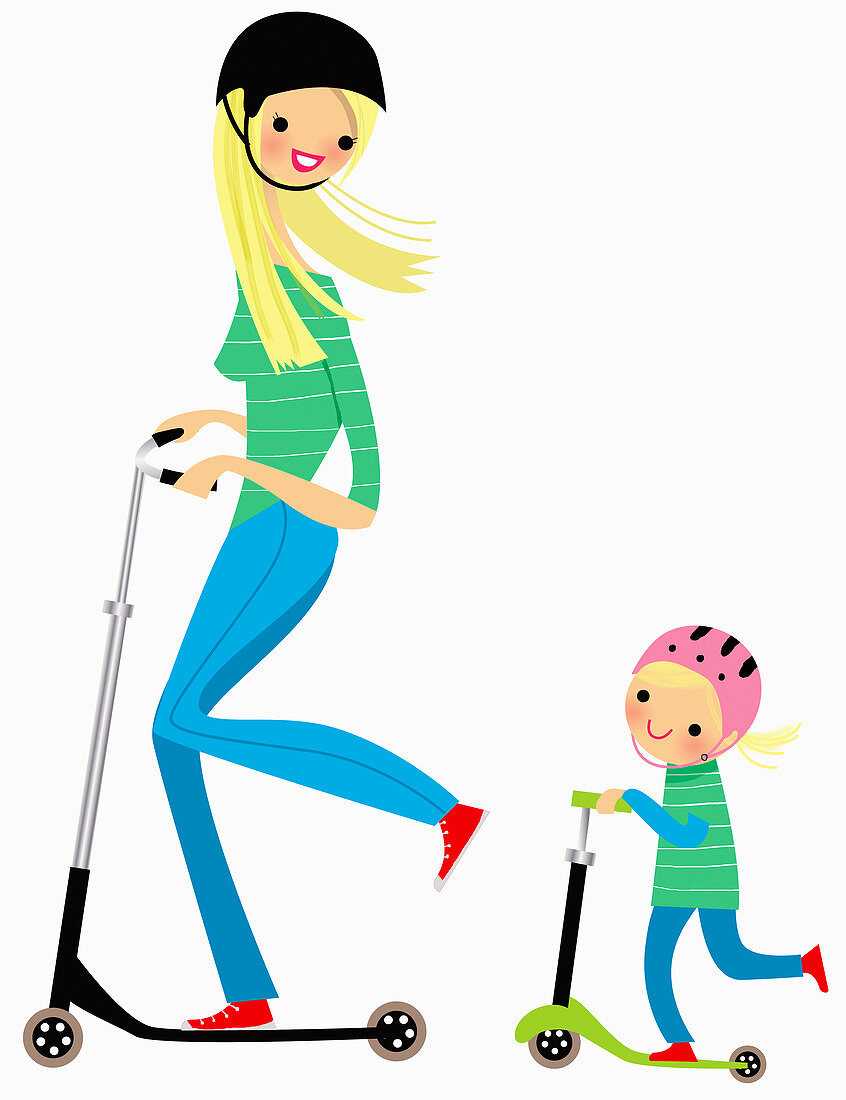 Mother and daughter riding push scooters, illustration