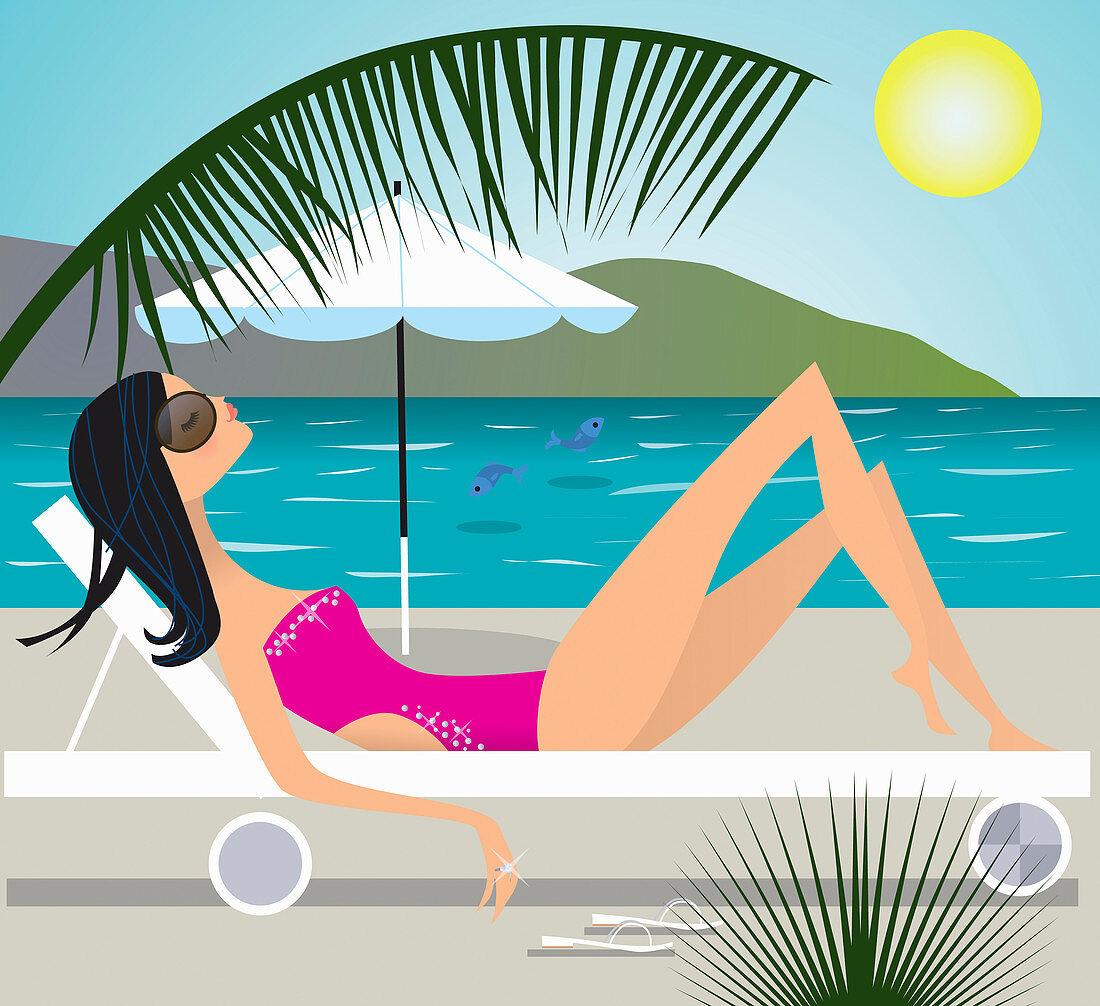 Serene woman sunbathing at beach, illustration