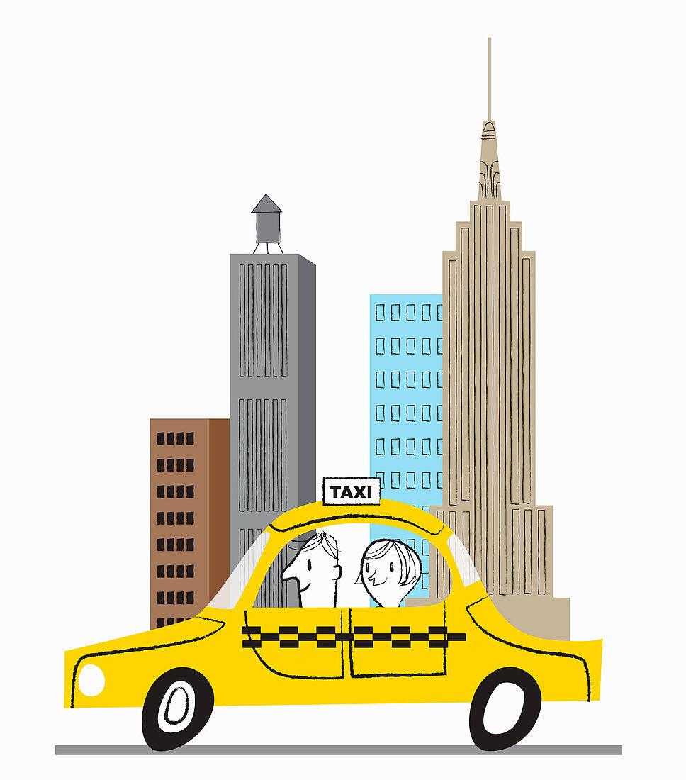 Happy woman in yellow cab in New York City, illustration