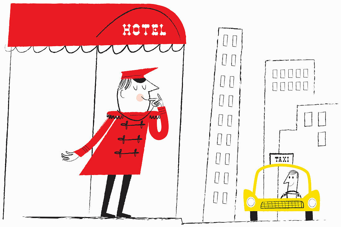 Hotel doorman blowing whistle to hail taxi cab, illustration