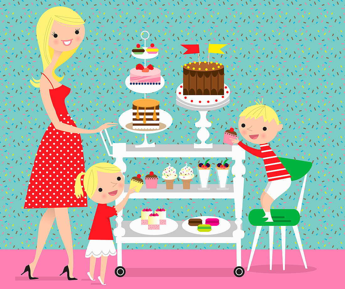 Children choosing cakes, illustration