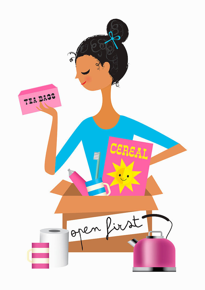 Woman opening box with kettle, illustration