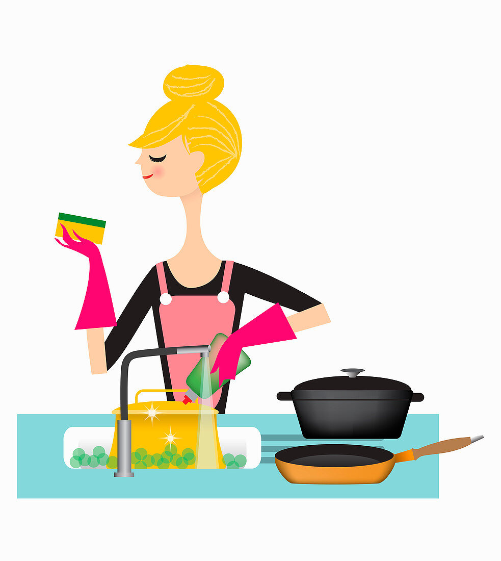 Woman washing pans in kitchen sink, illustration