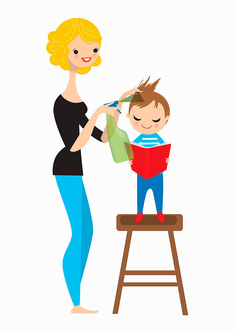 Mother spraying boy's hair for head lice, illustration