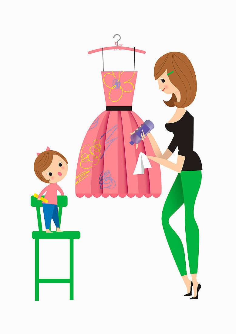 Mother cleaning daughter's scribbles off dress, illustration