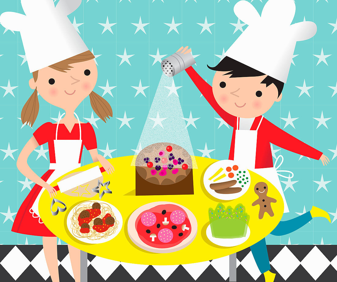Children cooking and baking favourite food, illustration