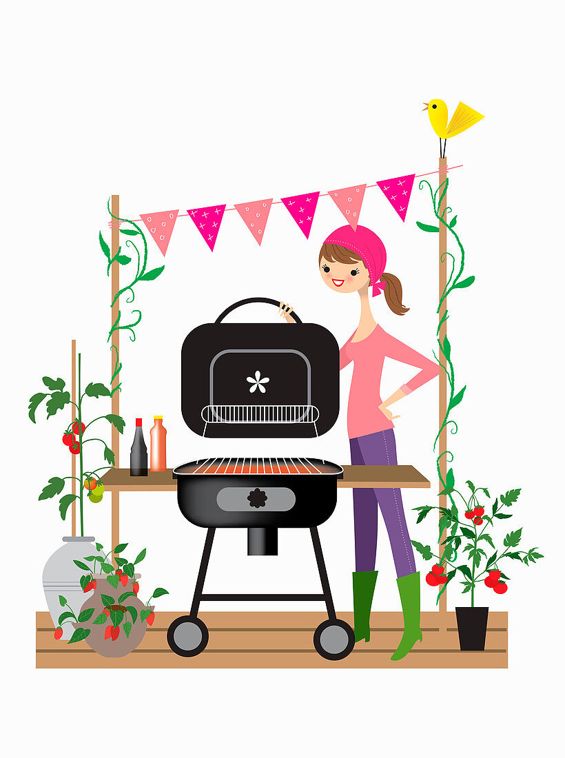 Woman setting up barbecue for party, illustration