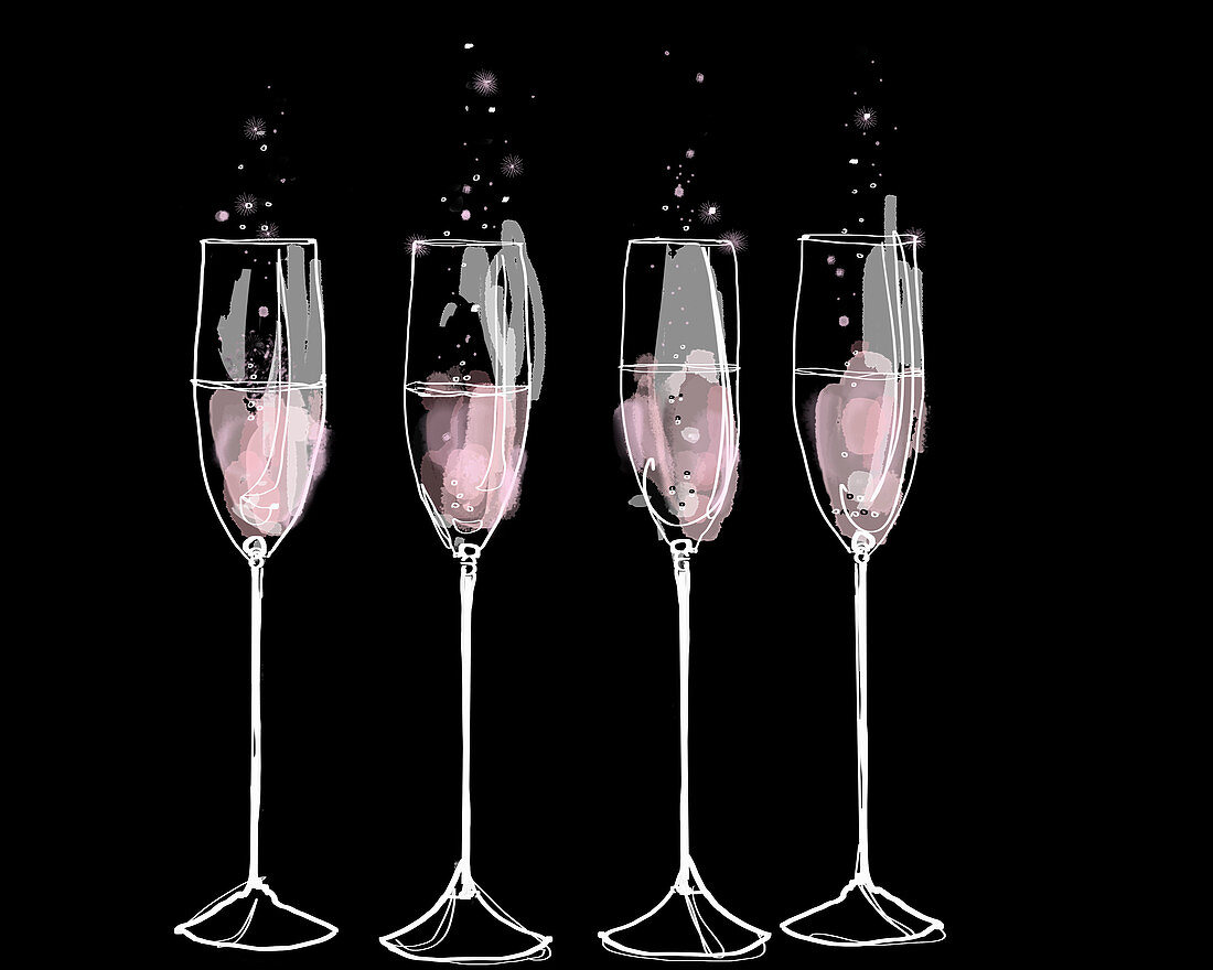 Pink champagne flutes in a row, illustration