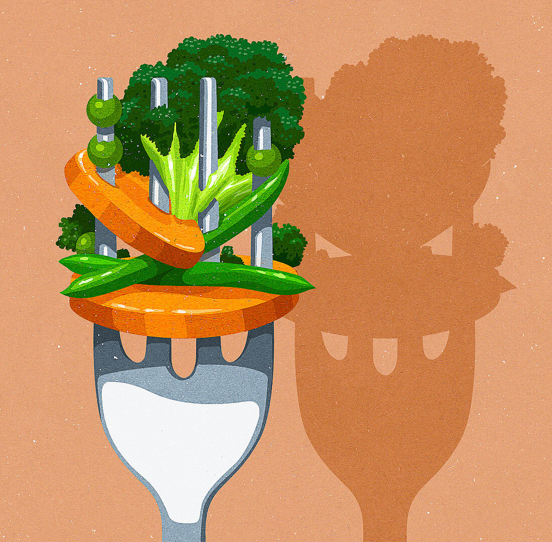 Close up of lots of vegetables on fork, illustration
