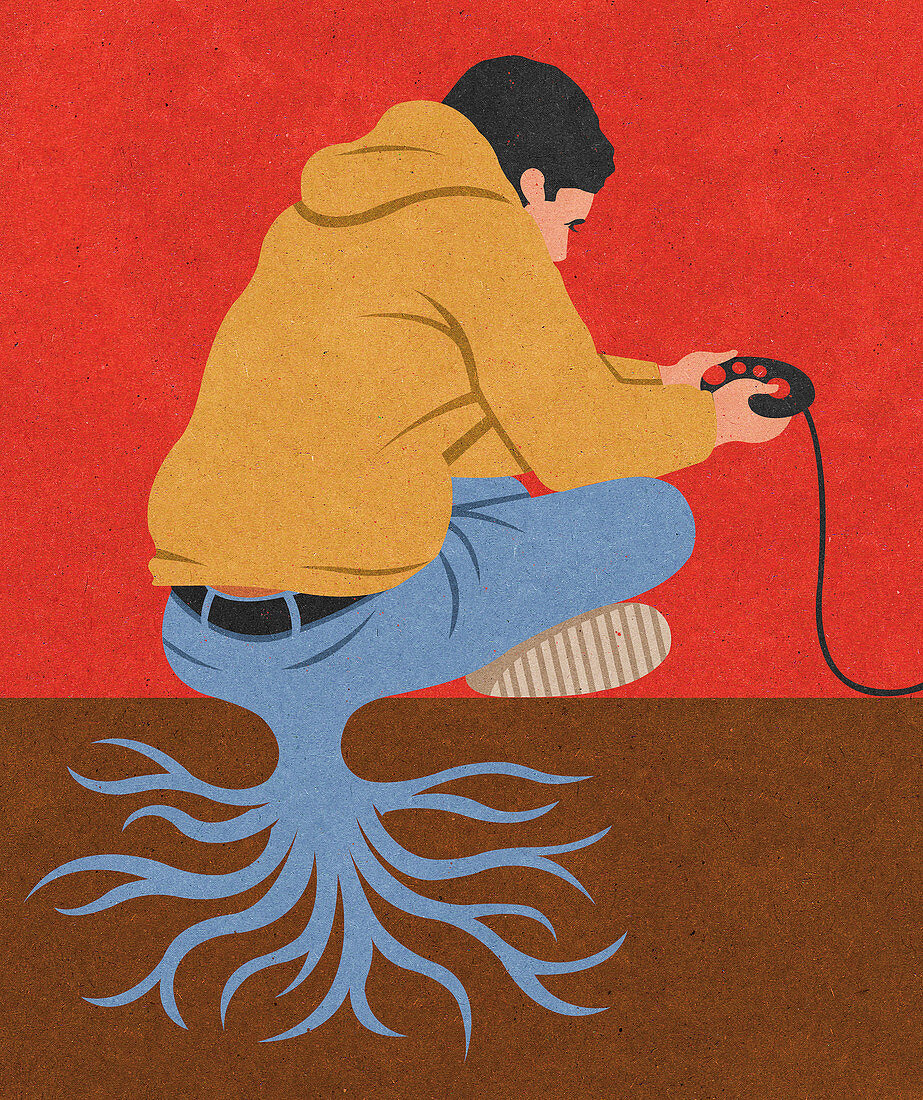 Teenage boy playing with videogames, illustration