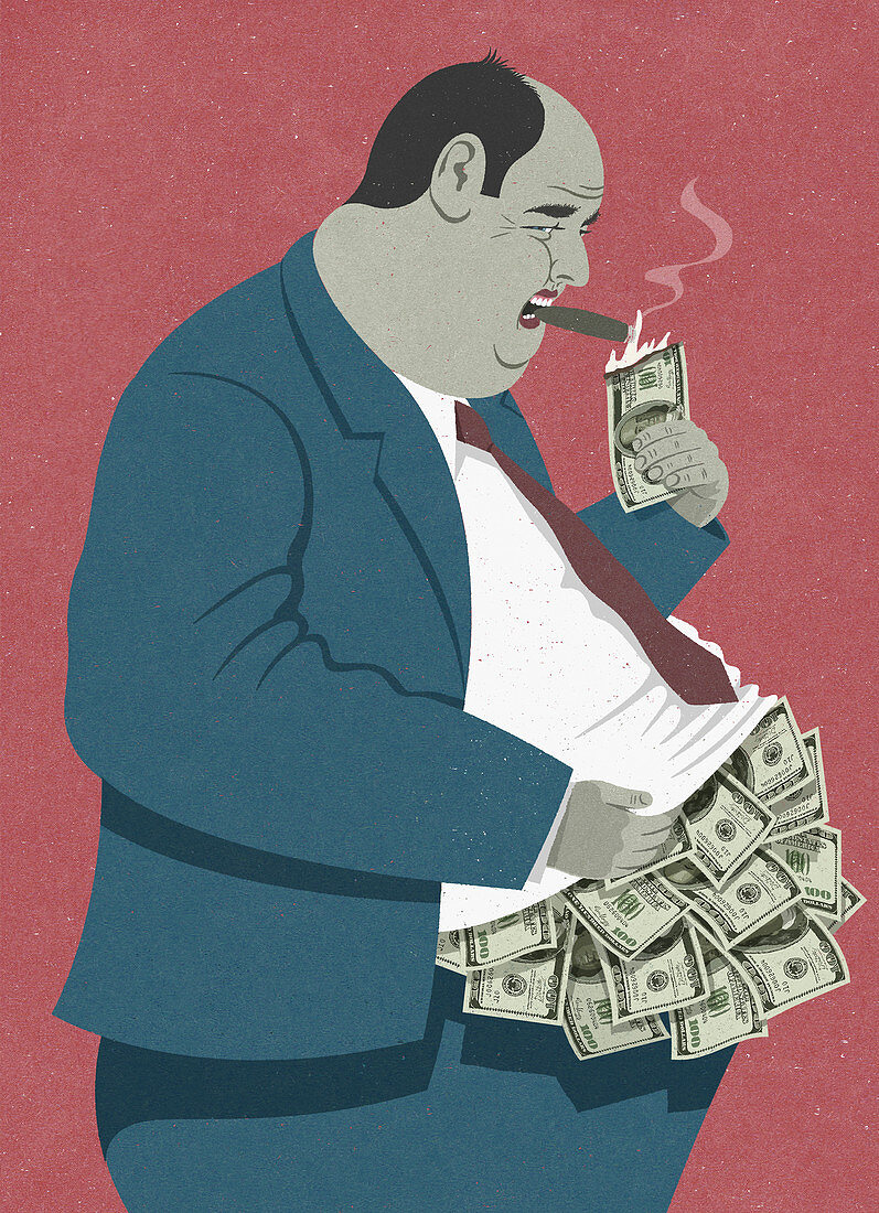 Overweight businessman lighting cigar dollars, illustration