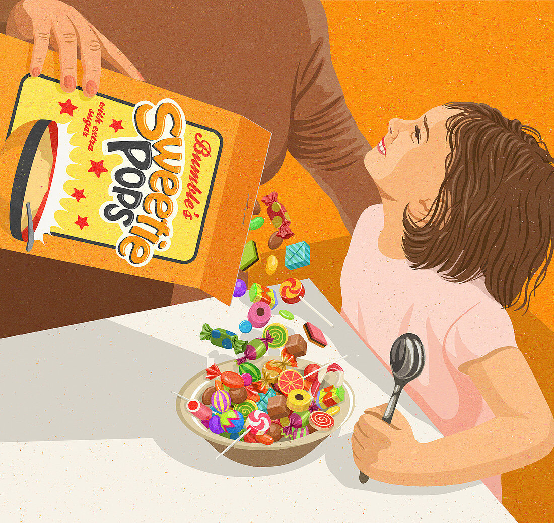 Mother pouring sweets into breakfast bowl, illustration