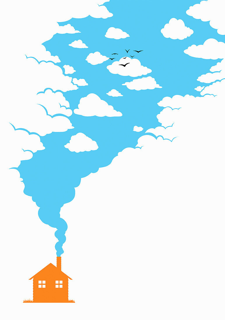 Blue sky smoke from house chimney, illustration