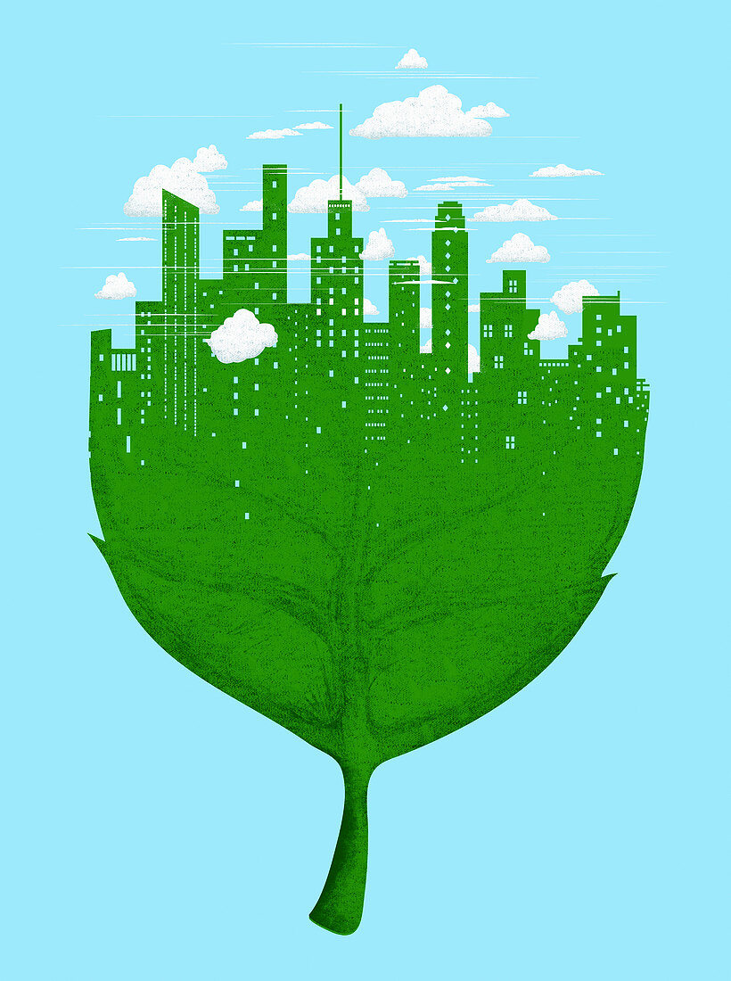 City skyline on green leaf, illustration