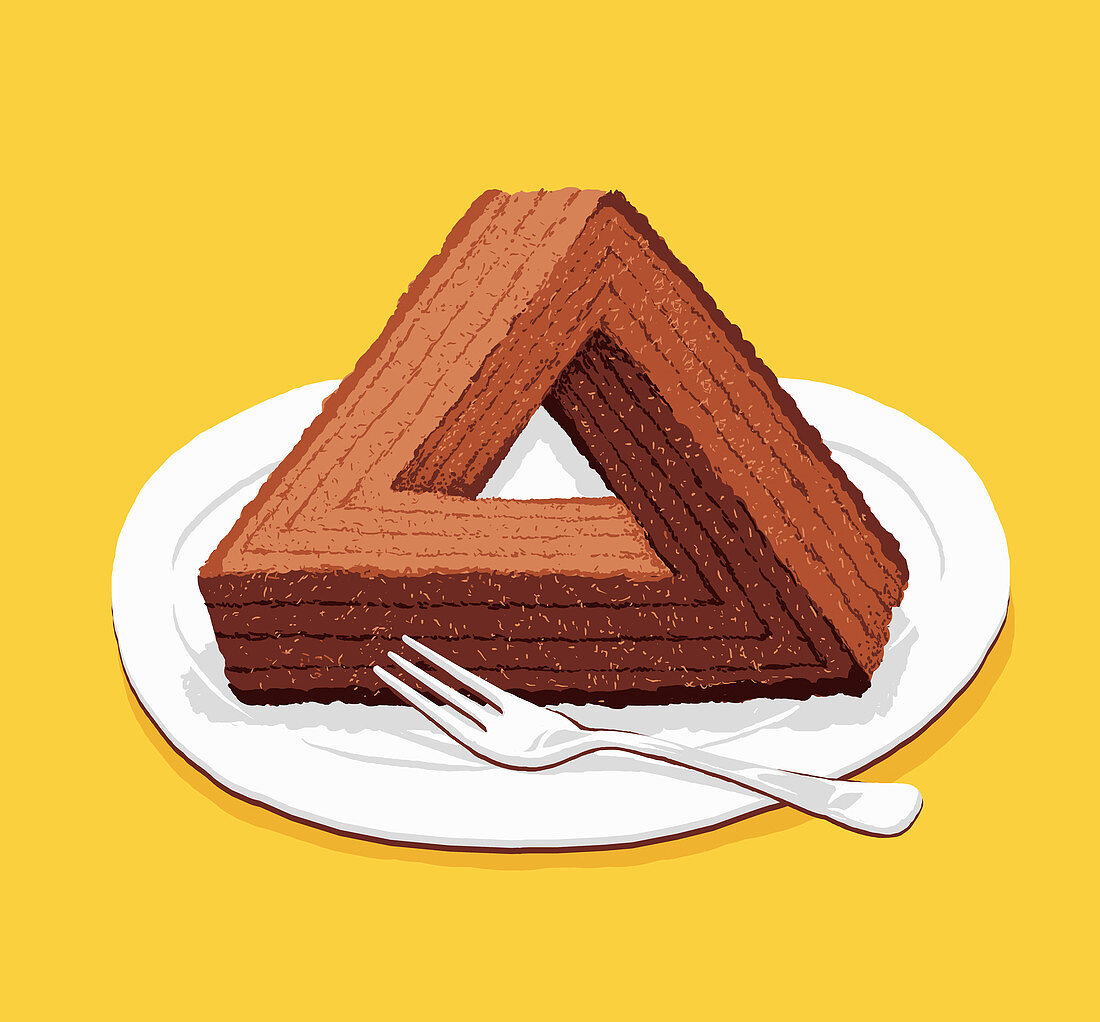 Optical illusion triangular chocolate cake, illustration