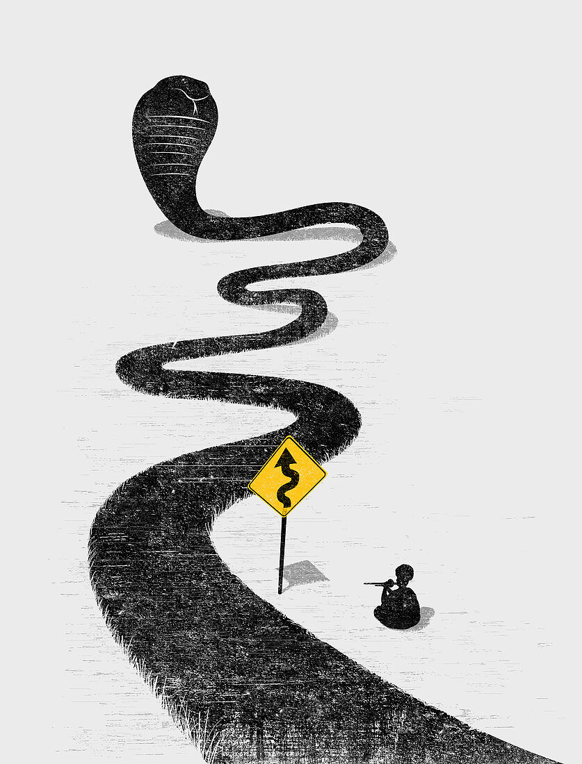 Snake charmer charming winding snake road, illustration