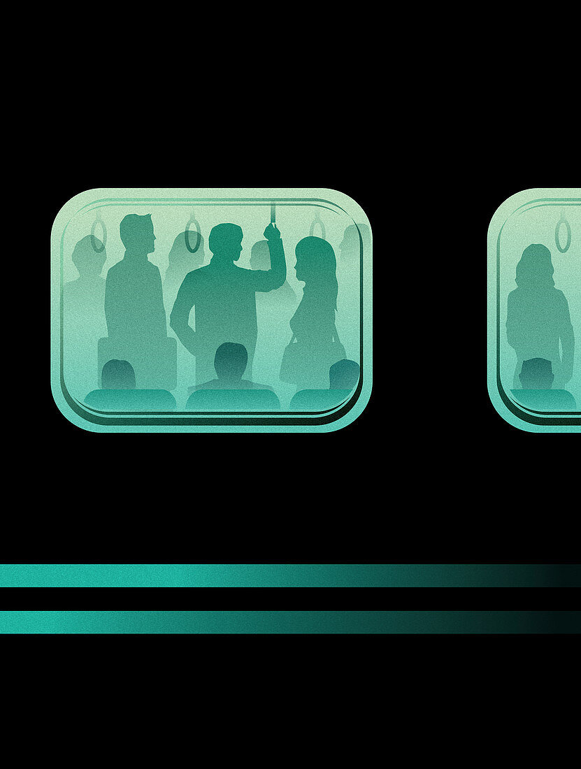 Commuters on crowded train in rush hour, illustration