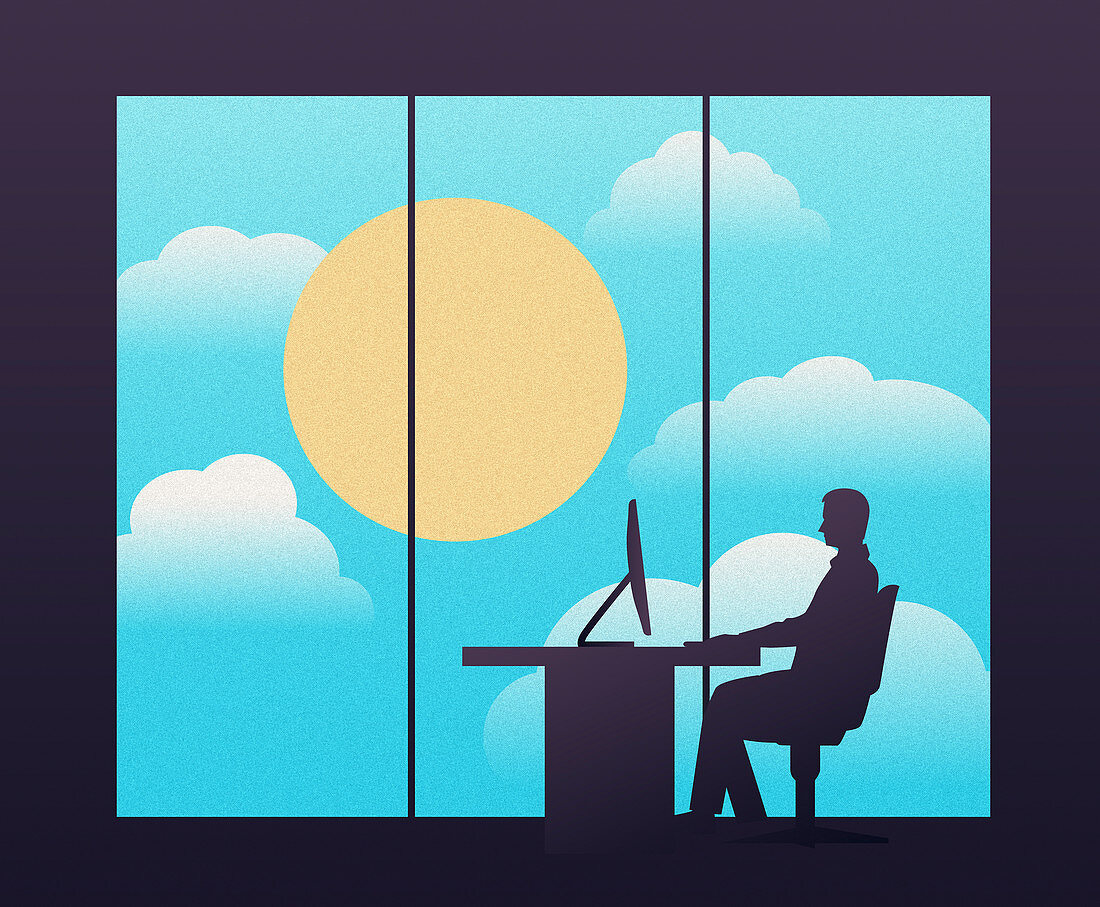 Businessman sitting at desk in modern office, illustration