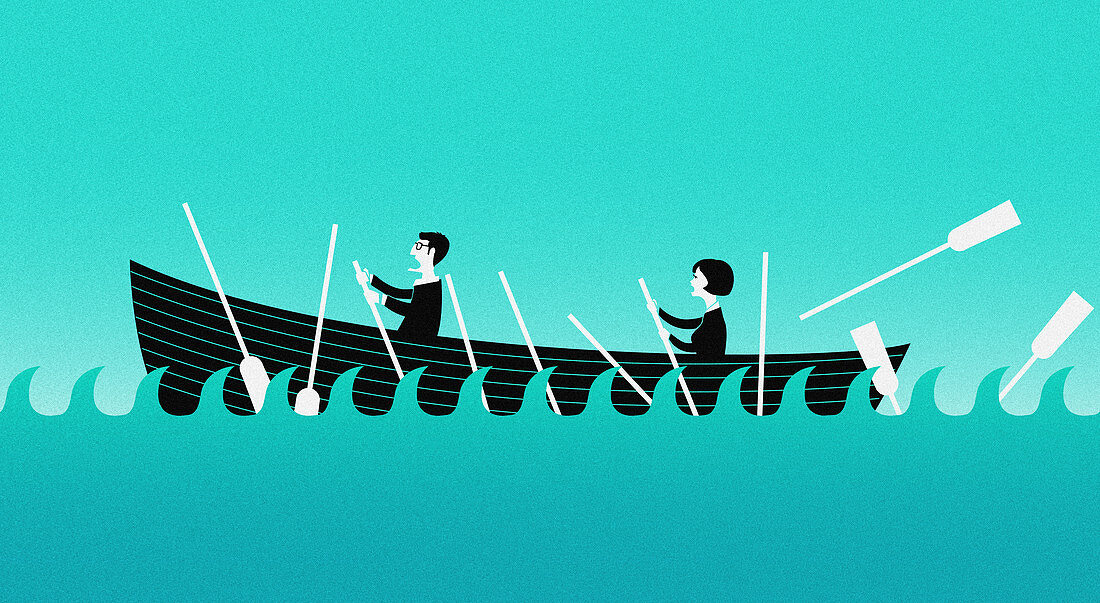 Business people struggling to row a boat, illustration