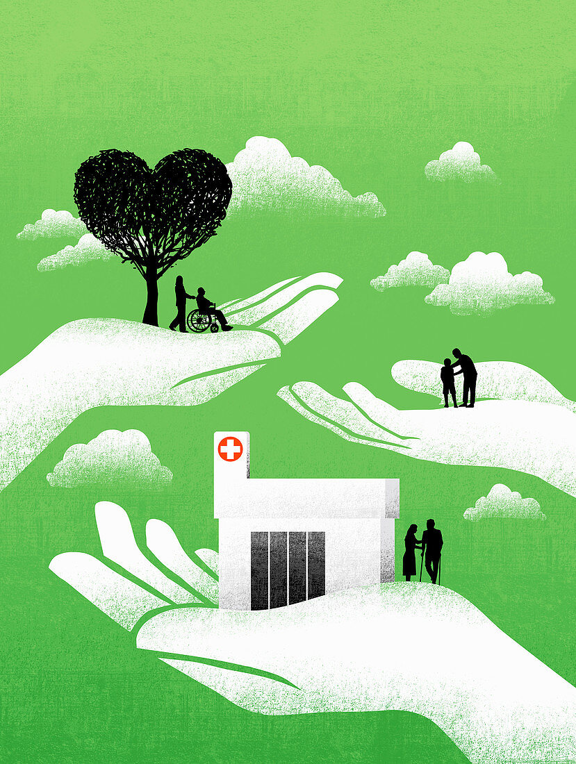Caring hands helping vulnerable people, illustration