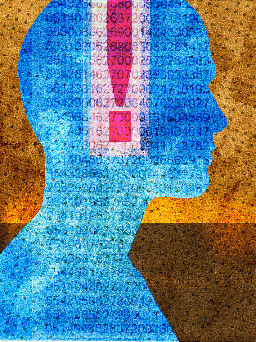 Exclamation mark and data inside of man's head, illustration