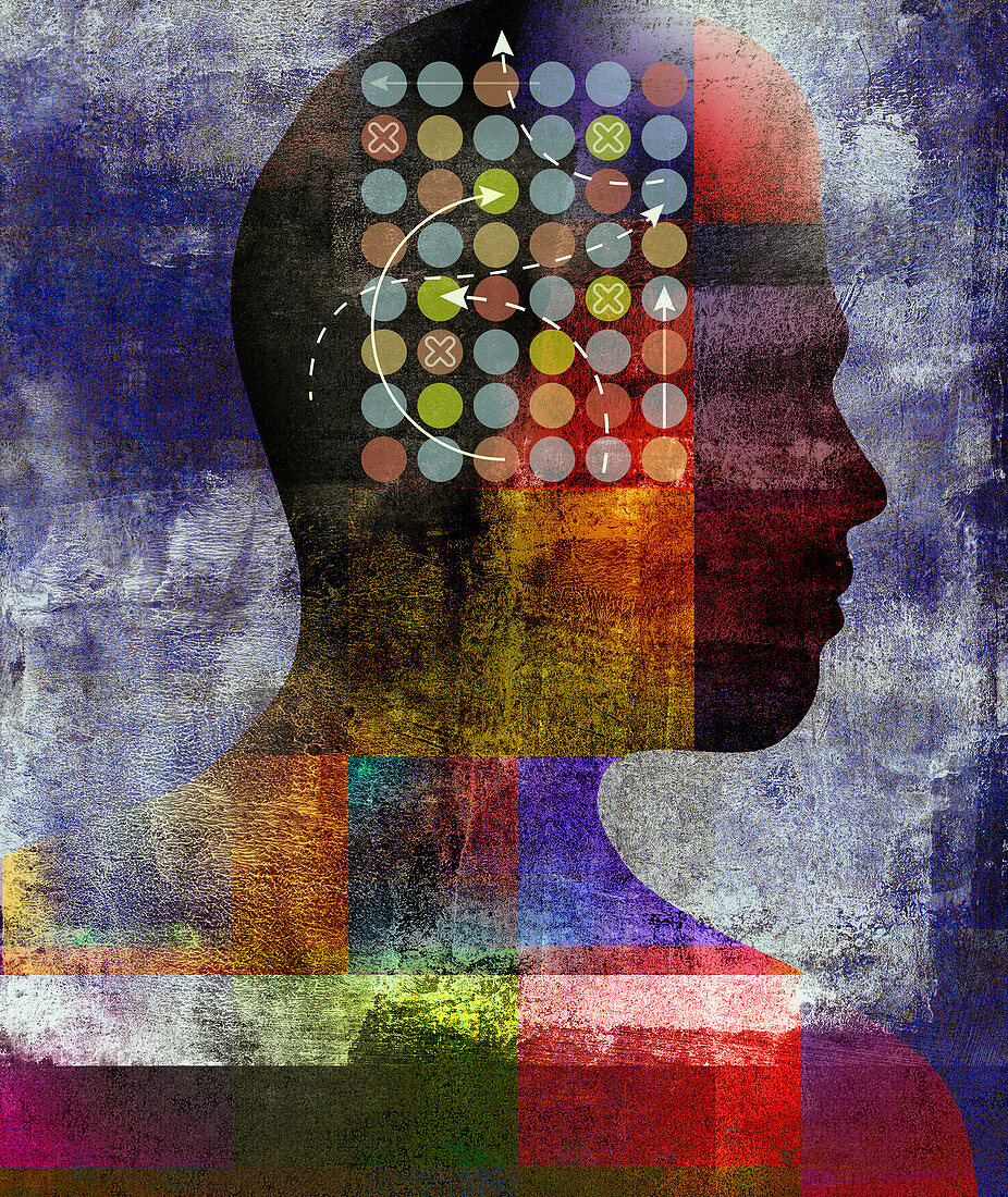 Profile of man solving problem inside of head, illustration