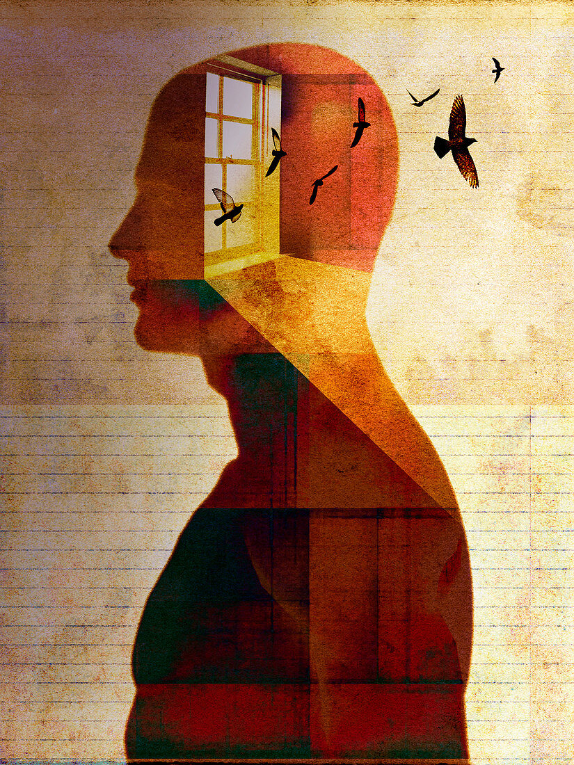 Introspective man with birds inside of head, illustration