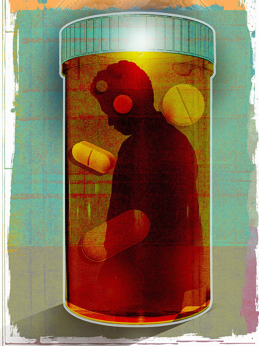 Depressed man trapped inside bottle, illustration