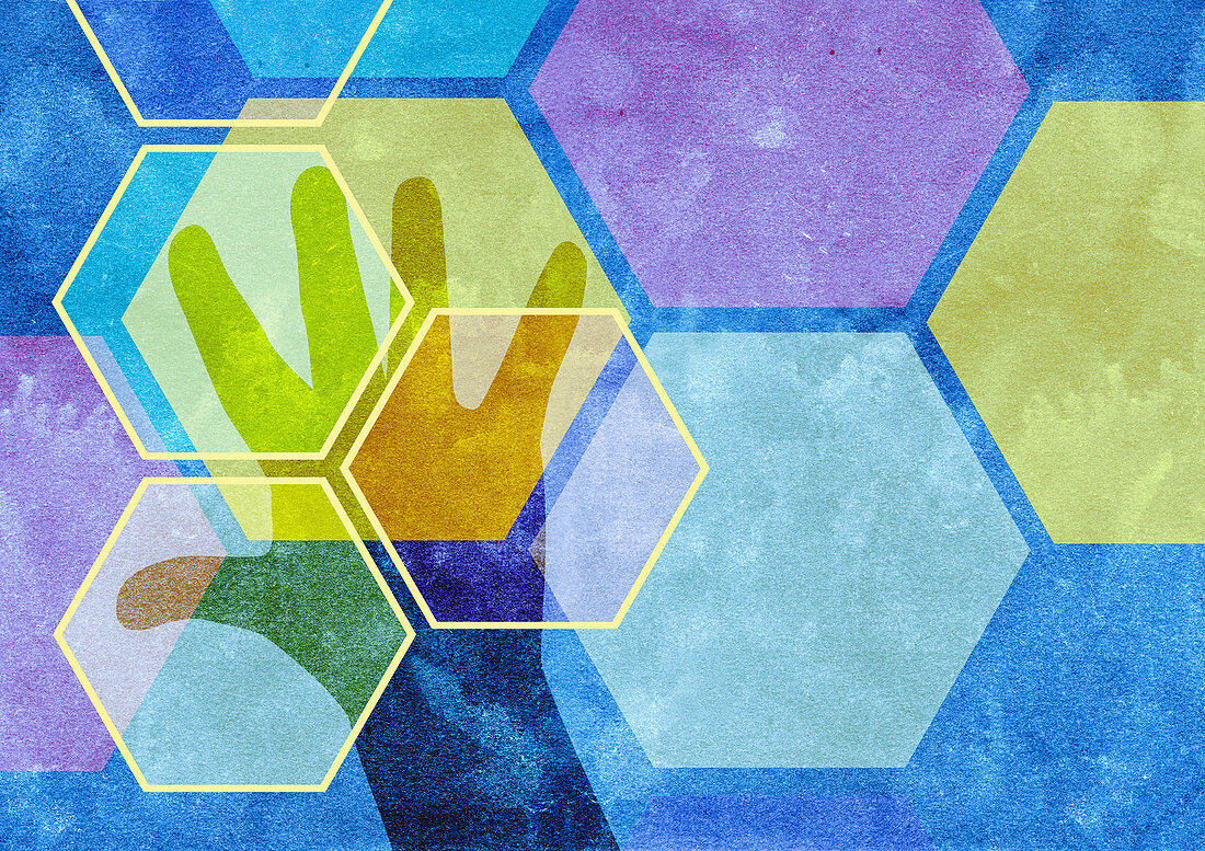 Hexagonal pattern over man's hand, illustration