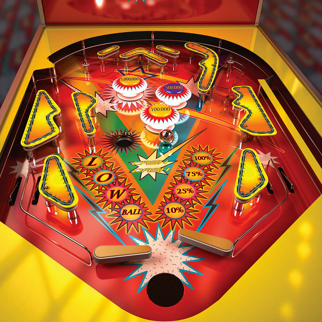 Close up of brightly coloured pinball machine, illustration