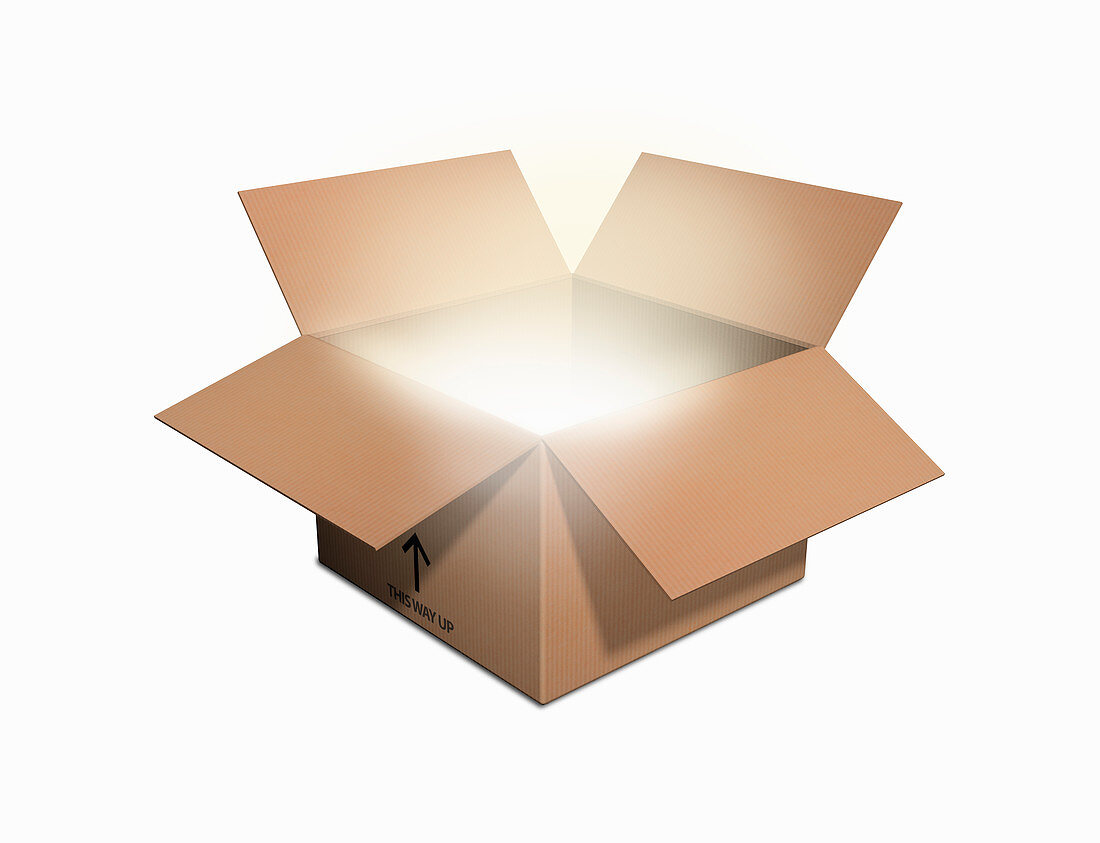 Light glowing from open cardboard box, illustration