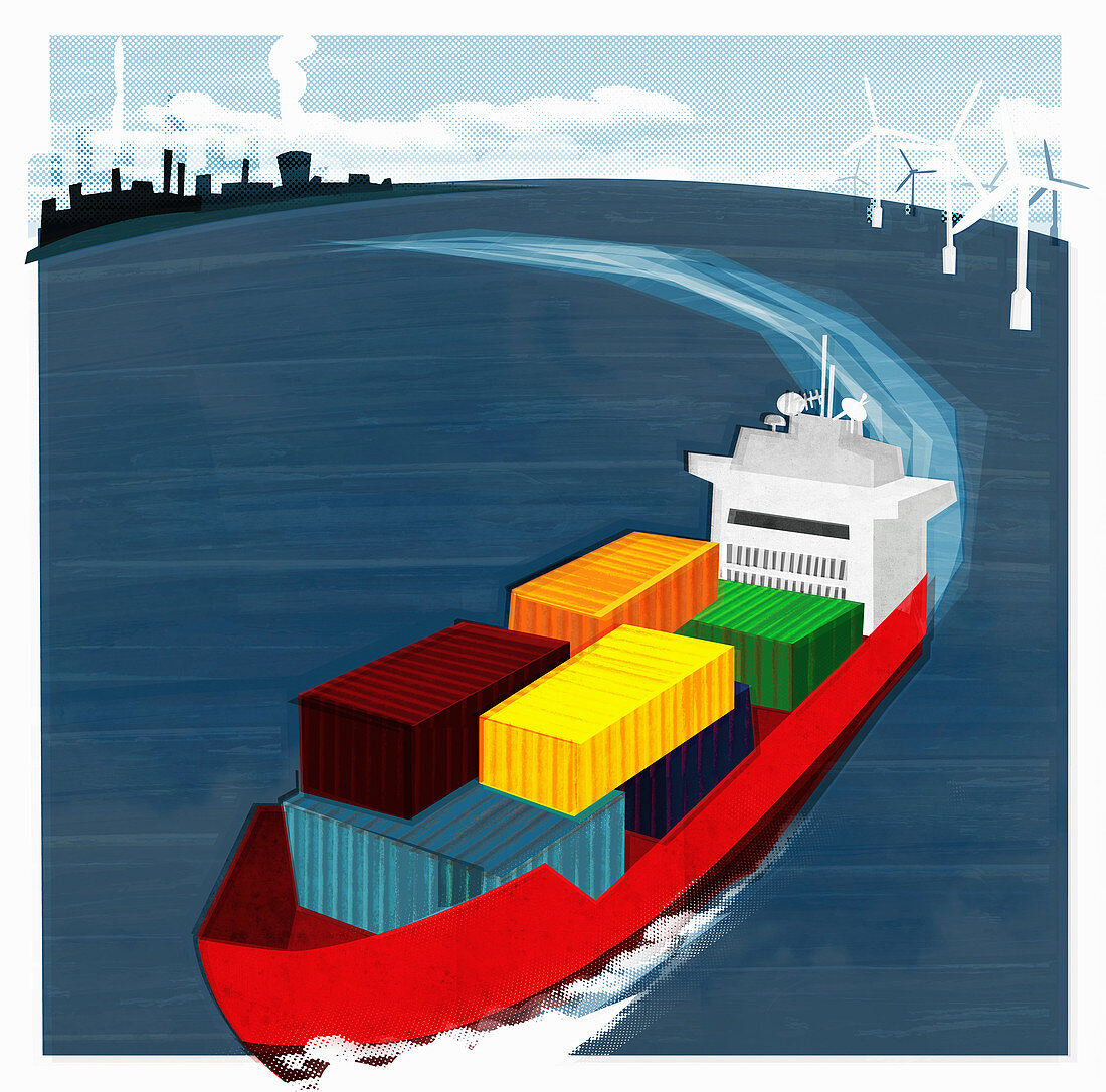 Container ship at sea, illustration