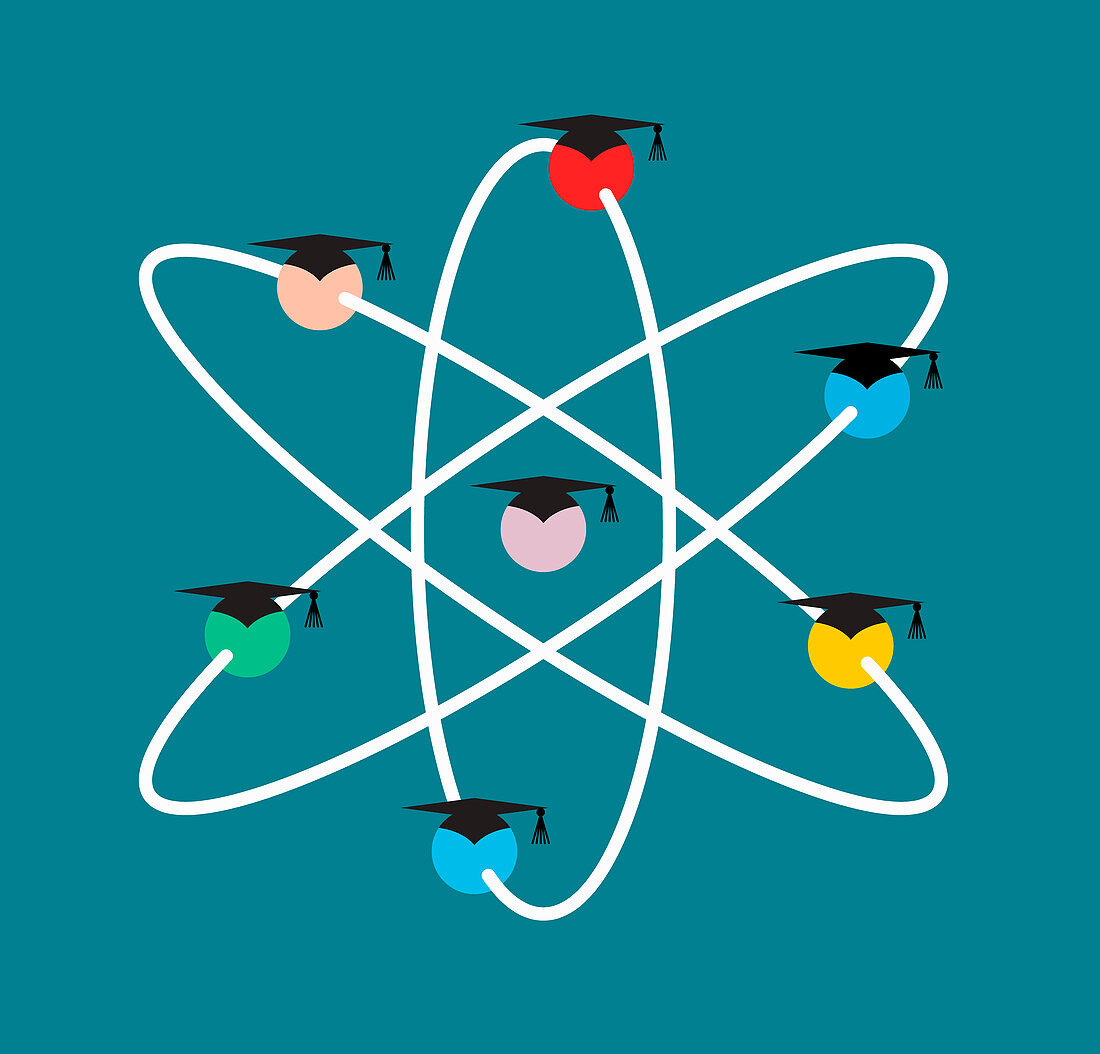 Dots with mortarboards forming atom symbol, illustration