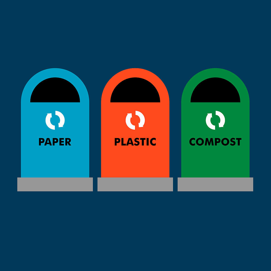 Paper, plastic and compost recycling bins, illustration