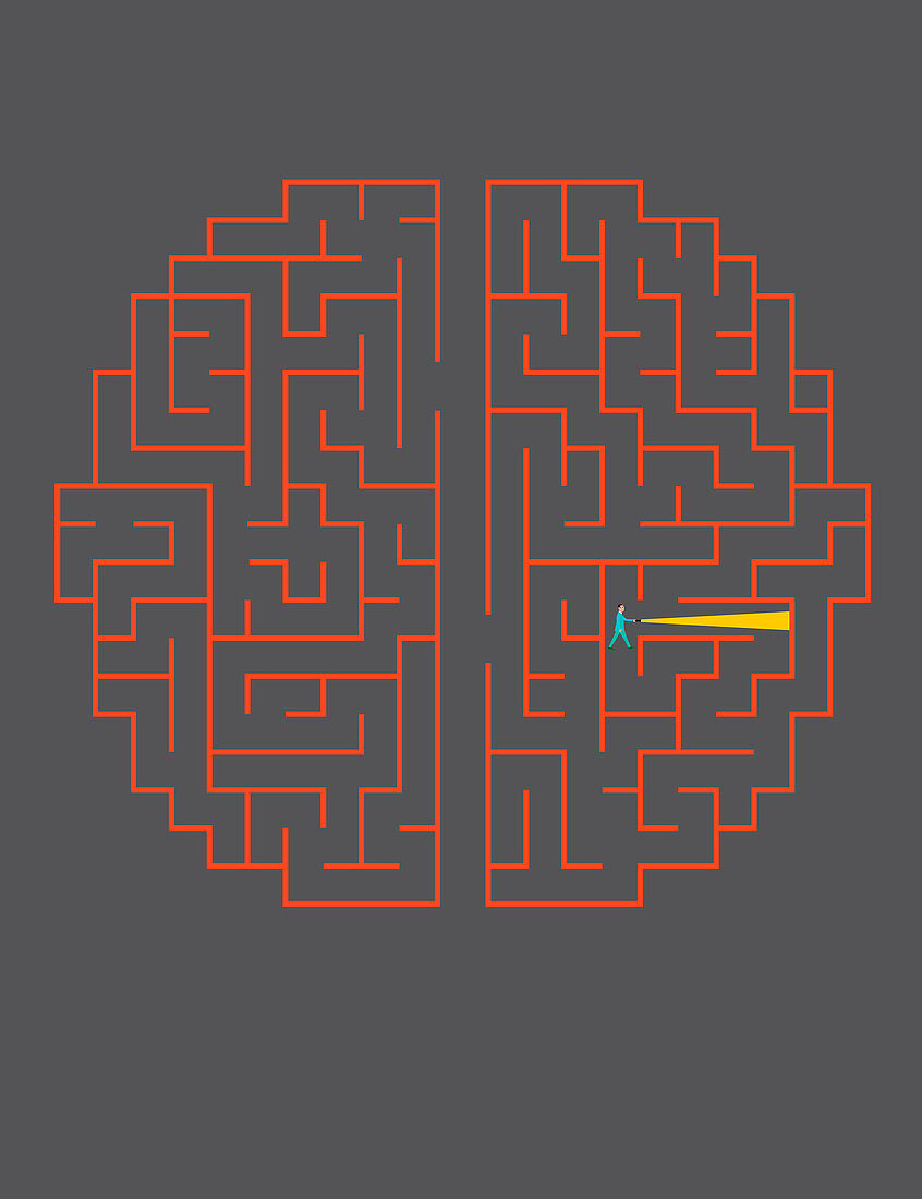 Businessman with torch lost in brain maze, illustration