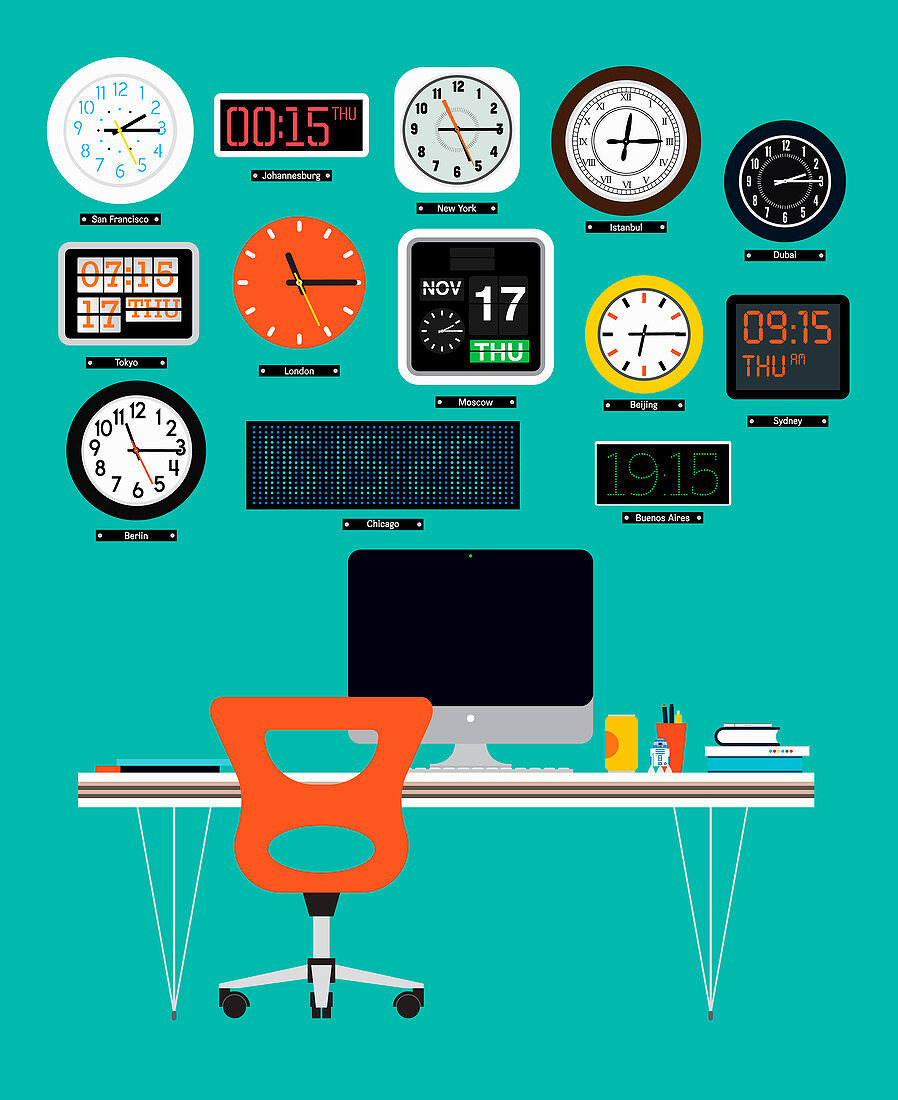 Different international time zone clocks, illustration