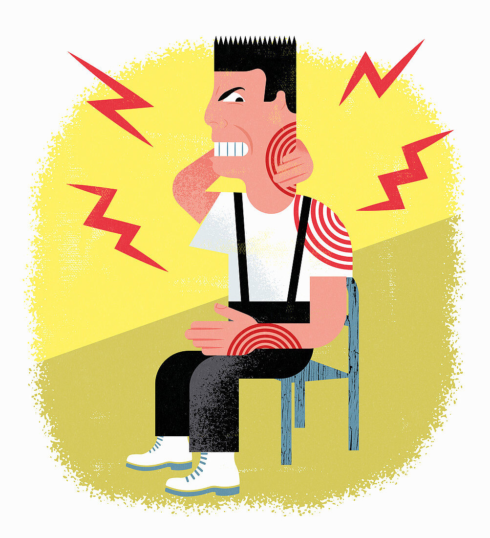 Man with gritted teeth suffering joint pain, illustration