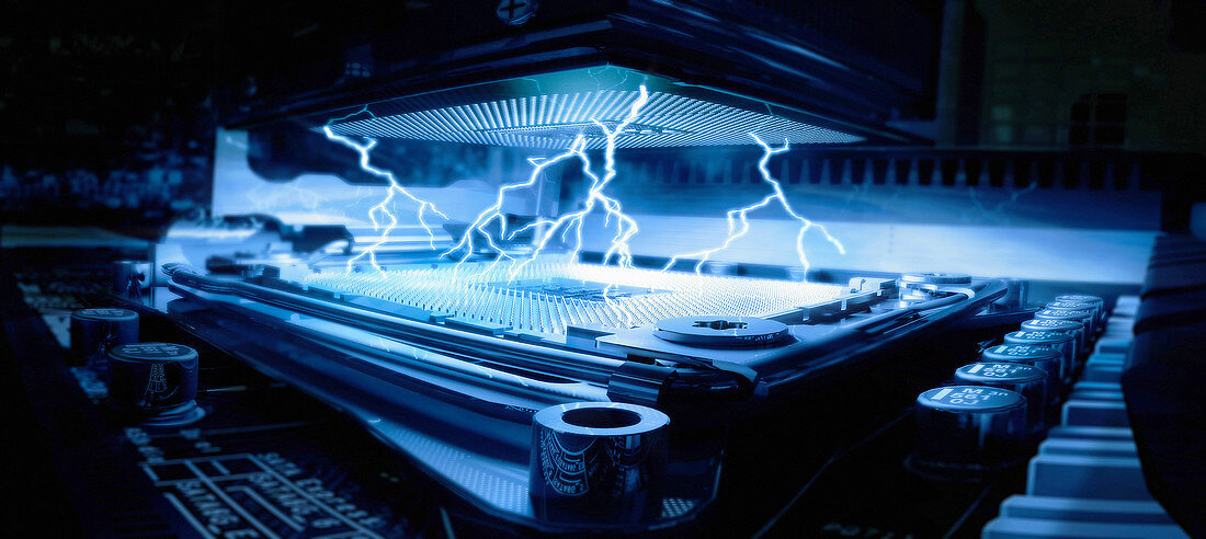 Electrical energy sparks inside CPU, illustration