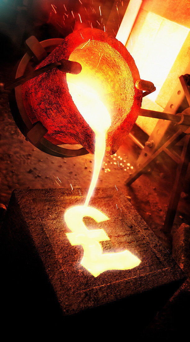 Molten metal pouring into pound sign mold, illustration