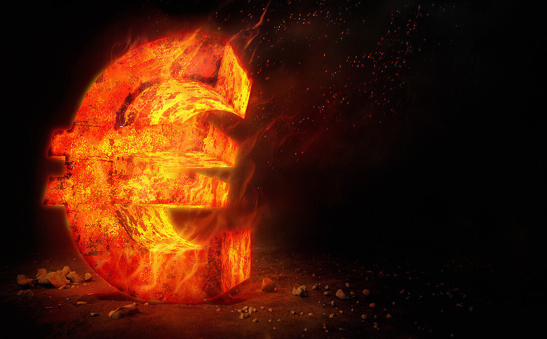 Red hot burning metal euro sign, illustration