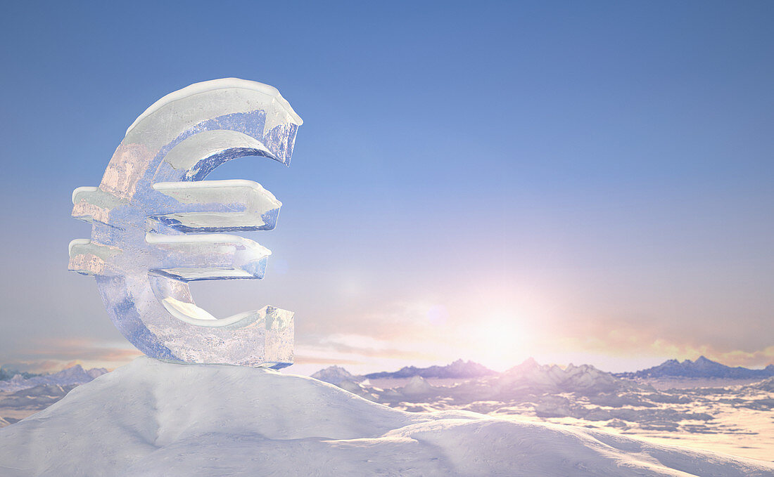 Frozen euro sign on top of mountain, illustration