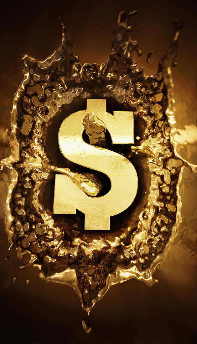 Gold dollar sign splashing in molten metal, illustration
