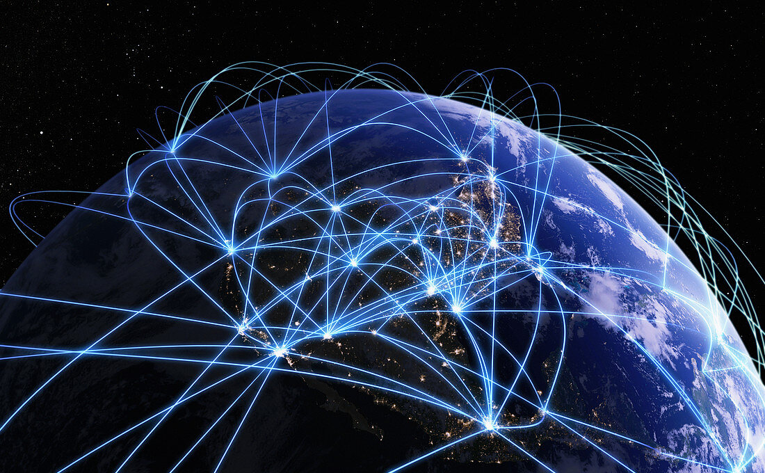 Global communications network from space, illustration